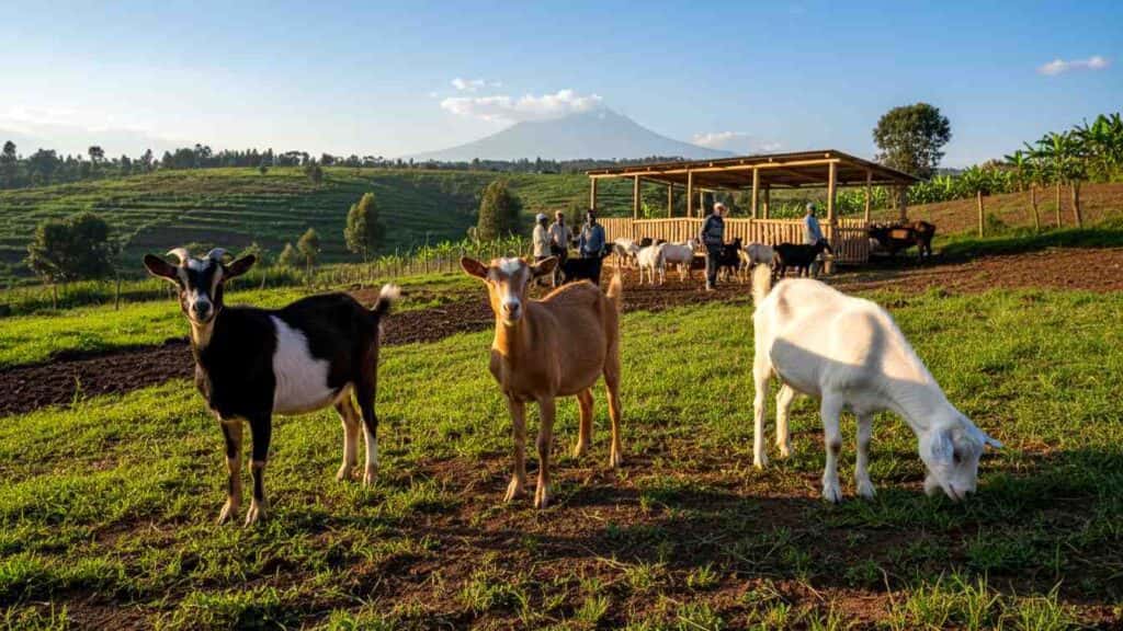 Goats grazing on a highland farm in the early morning light, with a mountain in the distance